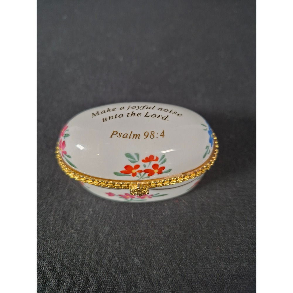 Imperial Porcelain Psalm 98:4 Floral Hinged Trinket Box Oval Religious Keepsake